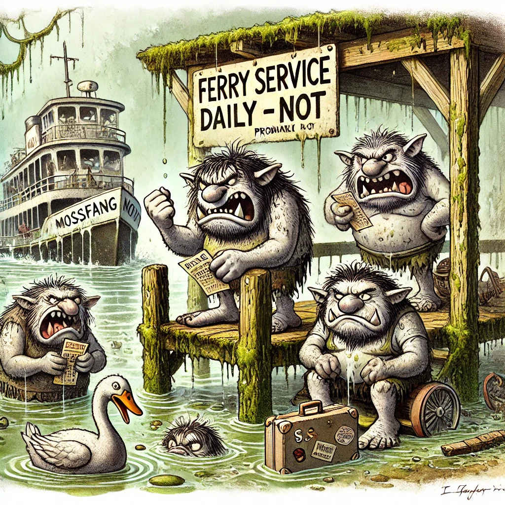 FERRY FAILURE IN MOSSFANG: TROLL COMMUTERS STRANDED AS FLOATING NIGHTMARE CONTINUES
