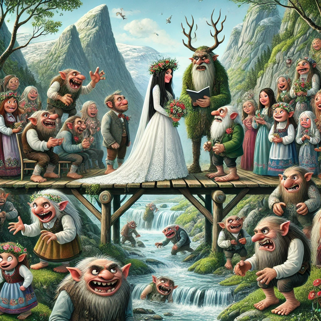 Imagine a Norwegian wedding as envisioned by Trolls—a celebration deeply rooted in folklore, nature, and a bit of mischievous magic.