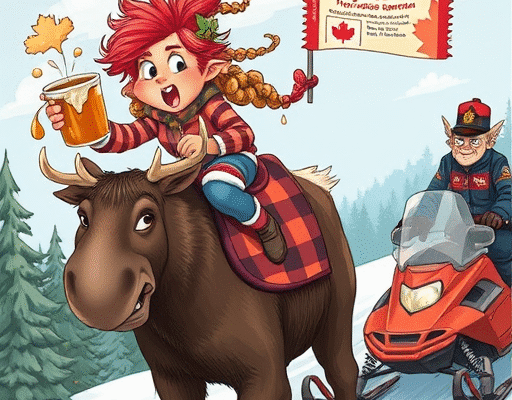 Mischievous troll travel writer Smygra Alanyaheart causing chaos in Canada, evading syrup laws and moose-related mischief.