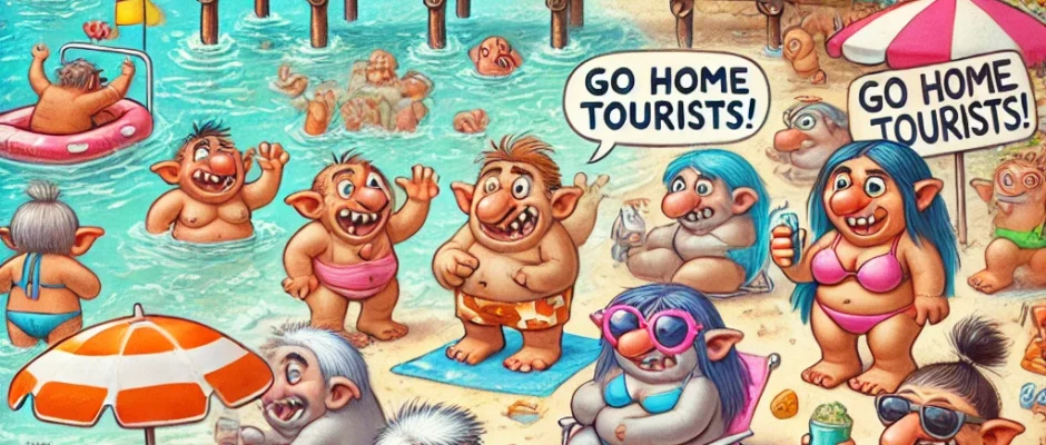 Cartoon-style illustration of a crowded Mediterranean beach in Mallorca, filled with humorous trolls sunbathing, protesting tourists, and selling coconut water. Some hold signs like 'Go Home Tourists' while a troll lifeguard shouts through a megaphone.