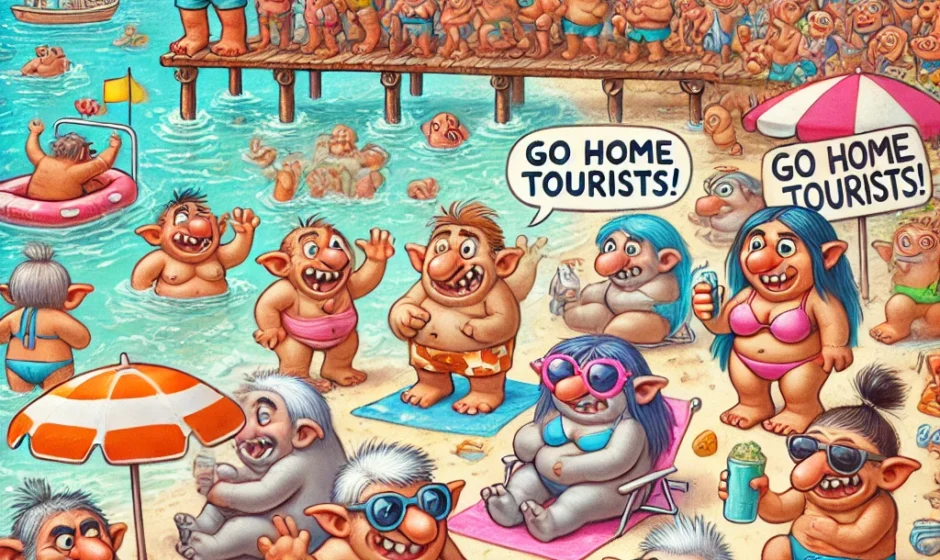 Cartoon-style illustration of a crowded Mediterranean beach in Mallorca, filled with humorous trolls sunbathing, protesting tourists, and selling coconut water. Some hold signs like 'Go Home Tourists' while a troll lifeguard shouts through a megaphone.