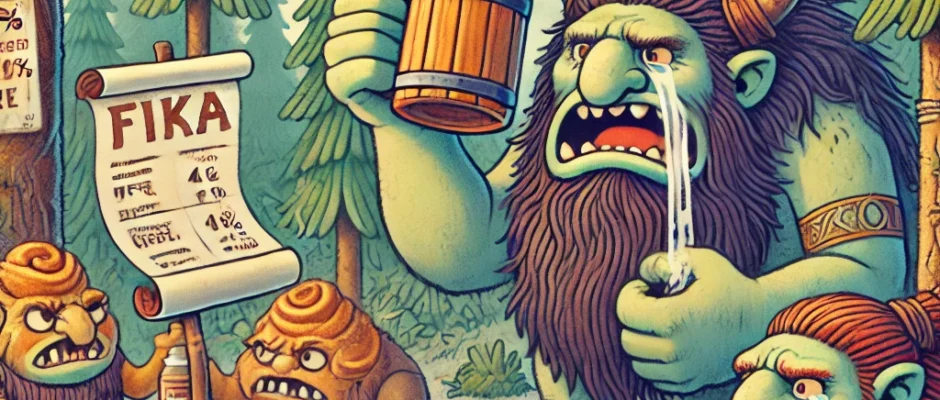 Cartoon trolls in a Swedish forest, upset over high coffee prices at a troll fika stand.