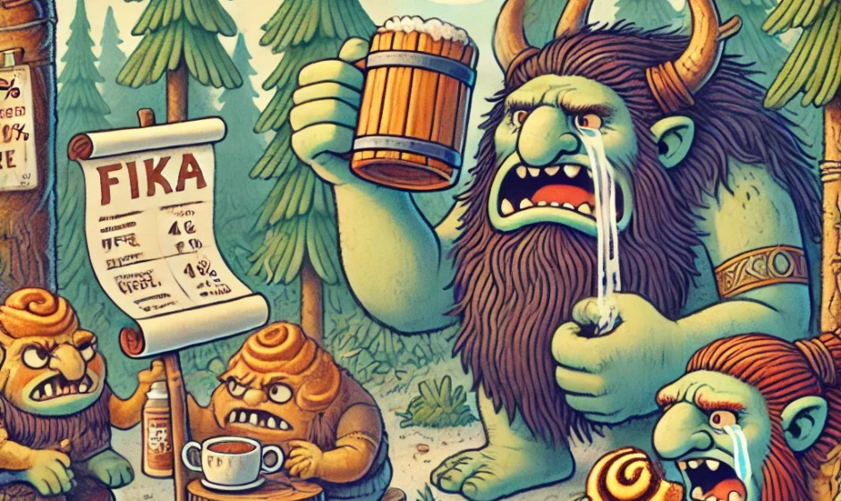 Cartoon trolls in a Swedish forest, upset over high coffee prices at a troll fika stand.