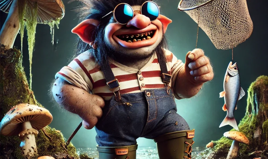 A troll in a ridiculous oversized fisherman outfit, standing proudly with a fish in hand, wearing oversized sunglasses, and surrounded by a swampy backdrop.