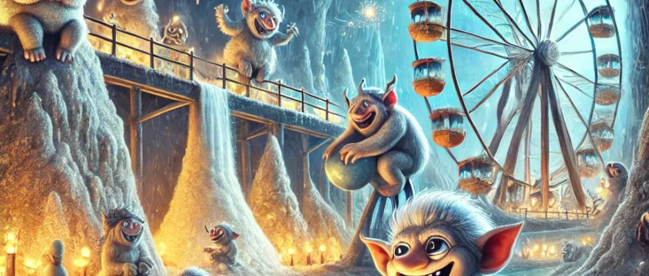 Fantasy illustration of trolls enjoying Salina Turda theme park underground, with glowing salt Ferris wheel, bowling trolls, a troll couple boating on a salt lake, and a troll licking a glowing cave wall.