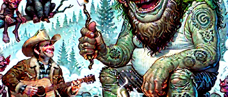 A whimsical cartoon illustration of a giant ancient troll with moss-covered hair and a walking stick, sitting beside a campfire in a misty, magical Norwegian forest. Garth Brooks, wearing his signature cowboy hat and strumming a guitar, sits nearby. Around them are goblins roasting marshmallows, a banshee singing dramatically, and a confused minotaur holding a burnt marshmallow. Everyone appears to be having a good time, despite the chaos.