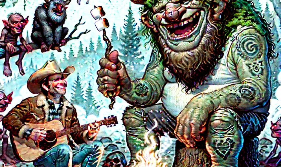 A whimsical cartoon illustration of a giant ancient troll with moss-covered hair and a walking stick, sitting beside a campfire in a misty, magical Norwegian forest. Garth Brooks, wearing his signature cowboy hat and strumming a guitar, sits nearby. Around them are goblins roasting marshmallows, a banshee singing dramatically, and a confused minotaur holding a burnt marshmallow. Everyone appears to be having a good time, despite the chaos.