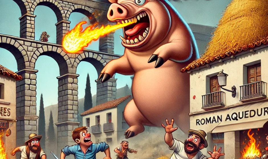 Giant fire-breathing pig Barbacoa Blazebreath wreaking havoc in Segovia, chasing terrified villagers while flames erupt from its nostrils, with haystack burning in the background.