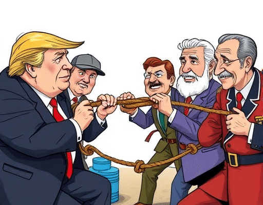 Cartoon depicting President Trump and world leaders in a tug-of-war over trade agreements, with tariffs as the rope.