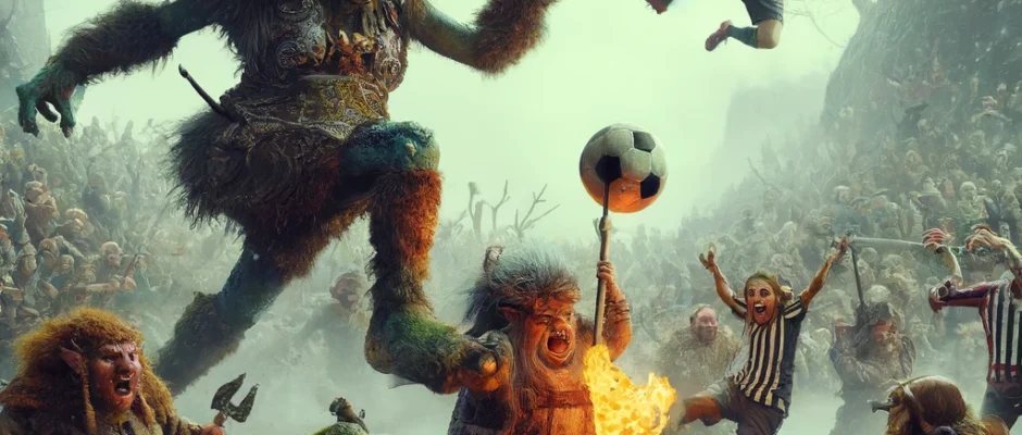 Trollish women warriors battling for a flaming boulder on a muddy fjord pitch, with a screaming crowd in the mist.