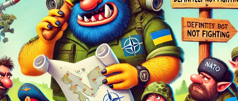 Cartoon-style illustration of clumsy Norwegian trolls in military gear conducting "training exercises" with confused Ukrainian soldiers. One troll eats a sandwich labeled "NATO Snacks," another peers through a rocket launcher like a telescope, and a wooden sign reads "Training, Definitely Not Fighting." Satirical and whimsical art symbolizing Denmark’s troop deployment to Ukraine under the guise of non-combat support.