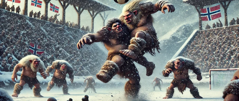 Troll football players smashing into each other on a snow-covered pitch in a fictional Norway stadium.