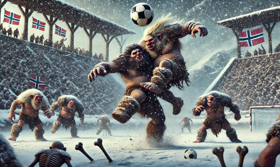 Troll football players smashing into each other on a snow-covered pitch in a fictional Norway stadium.