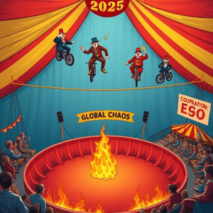 Illustration of world leaders performing a chaotic circus act symbolizing the tumultuous state of global diplomacy in 2025.