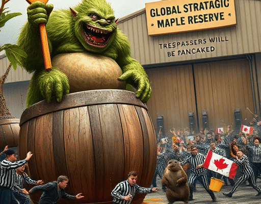Ancient troll laughing as clumsy humans try to guard a giant syrup barrel while thieves escape with buckets.