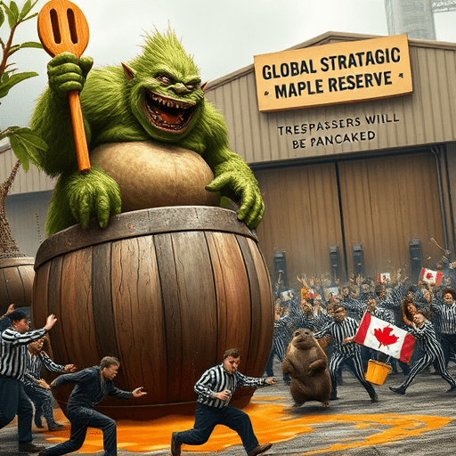 Ancient troll laughing as clumsy humans try to guard a giant syrup barrel while thieves escape with buckets.