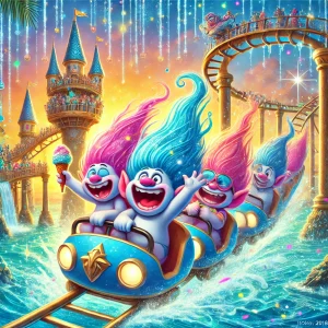 Cartoon trolls screaming with joy as they ride the Typhoon Coaster at Land of Legends theme park in Antalya, surrounded by splashes, towers, and magical lights.