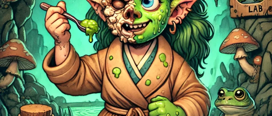 A whimsical fantasy illustration of a female troll wearing a muddy trench coat inside a glowing cave spa. She applies green cleansing balm to her face with a bone spoon—one side of her face is smooth and glowing, the other warty and rough. Surrounding her are glowing mushrooms, rune-labeled jars, a wooden sign reading “Swamp Slather™ Lab,” and a toad in a spa headband. The scene is both eerie and humorous, blending magic and satire.