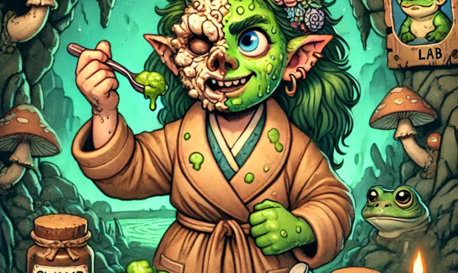 A whimsical fantasy illustration of a female troll wearing a muddy trench coat inside a glowing cave spa. She applies green cleansing balm to her face with a bone spoon—one side of her face is smooth and glowing, the other warty and rough. Surrounding her are glowing mushrooms, rune-labeled jars, a wooden sign reading “Swamp Slather™ Lab,” and a toad in a spa headband. The scene is both eerie and humorous, blending magic and satire.