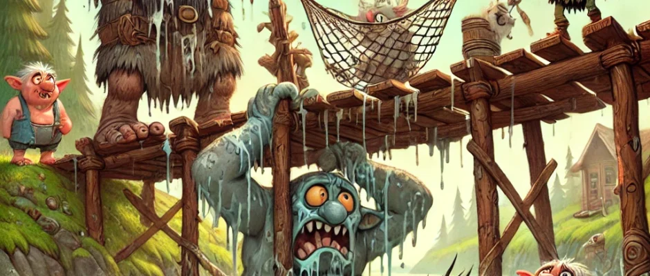 Cartoon of a troll bridge collapsing into a swamp in Dumm’en (Drammen), with panicked trolls, a smug sun, and a goat being rescued mid-wade.