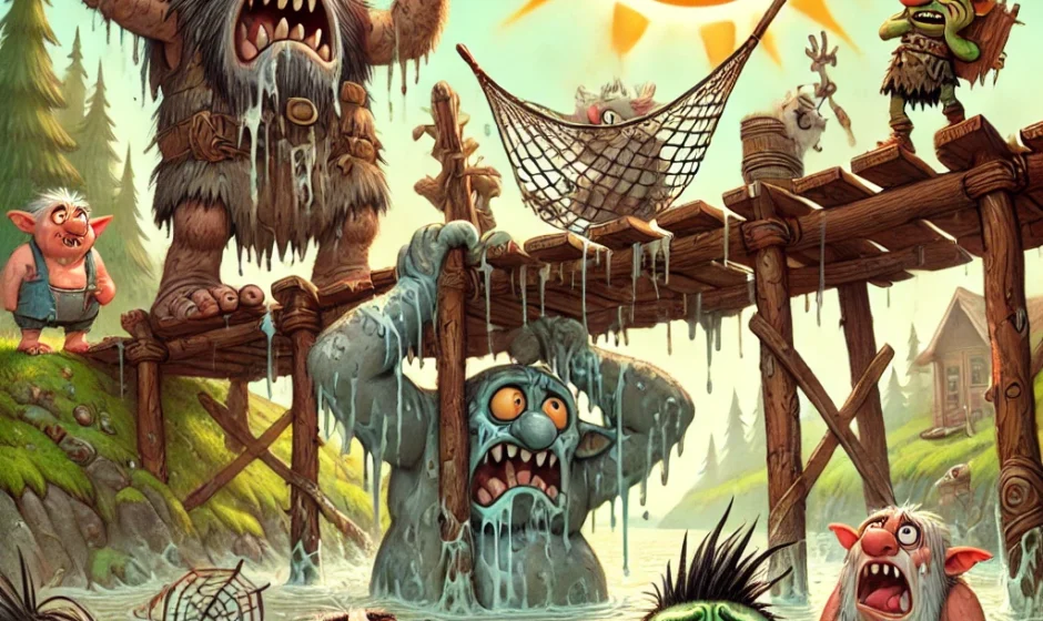 Cartoon of a troll bridge collapsing into a swamp in Dumm’en (Drammen), with panicked trolls, a smug sun, and a goat being rescued mid-wade.