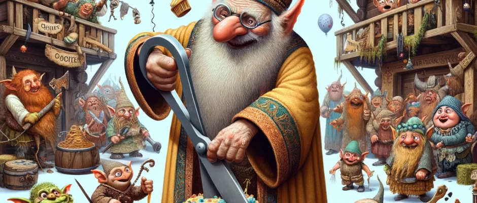 A cartoon-style illustration of a troll mayor in a too-tight robe struggling to cut a ceremonial ribbon with huge rusty scissors, surrounded by festival chaos including goblins stealing cupcakes, a troll band playing on bone instruments, and a baby troll stuck in a jelly barrel.