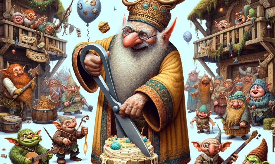 A cartoon-style illustration of a troll mayor in a too-tight robe struggling to cut a ceremonial ribbon with huge rusty scissors, surrounded by festival chaos including goblins stealing cupcakes, a troll band playing on bone instruments, and a baby troll stuck in a jelly barrel.