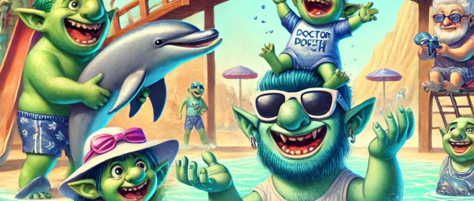Fantasy illustration of a troll family visiting Sealanya marine park in Alanya, Turkey, featuring colorful troll characters interacting with dolphins, sea lions, and water attractions.