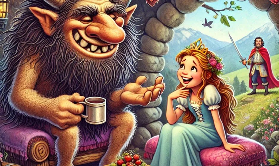 A humorous cartoon showing a troll and princess having tea in a cozy cave while a frustrated prince stands outside, holding a sword.