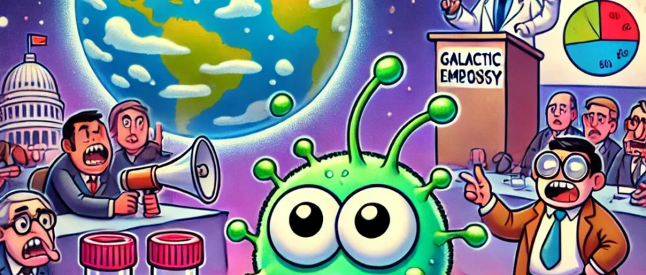 A confused alien microbe watches Earth politicians argue over who gets to say hello first, while a scientist holds a flask labeled “DMS” and sighs.