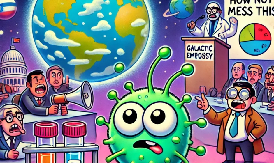A confused alien microbe watches Earth politicians argue over who gets to say hello first, while a scientist holds a flask labeled “DMS” and sighs.