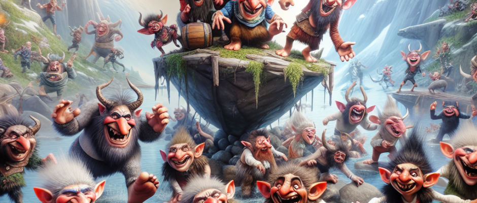 A lively gathering of quirky Norwegian trolls crashing a party, showcasing how these mythical mischief-makers inspired today's fantasy creatures with their wild antics and cheeky grins.