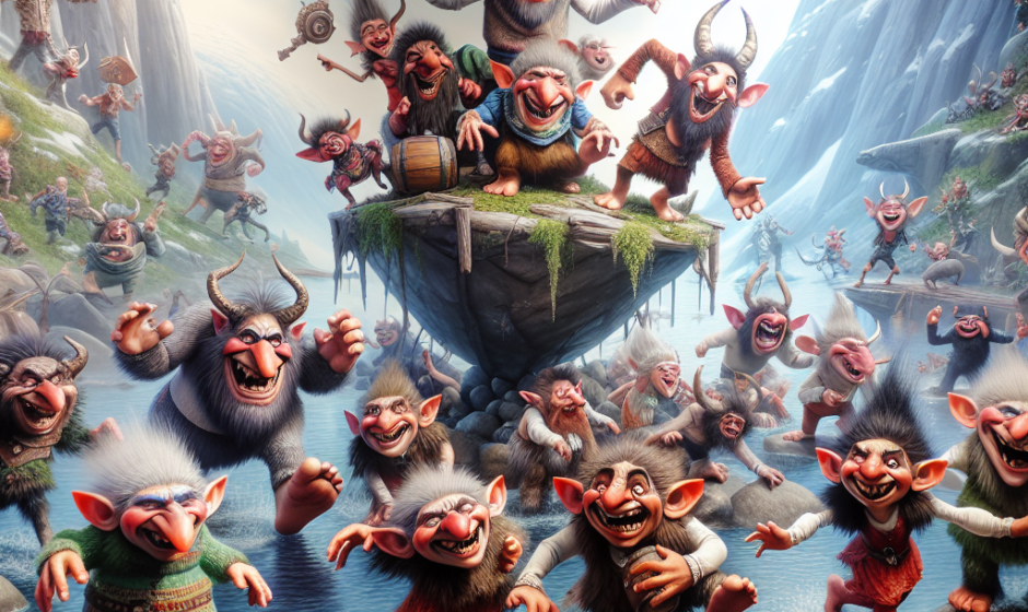 A lively gathering of quirky Norwegian trolls crashing a party, showcasing how these mythical mischief-makers inspired today's fantasy creatures with their wild antics and cheeky grins.