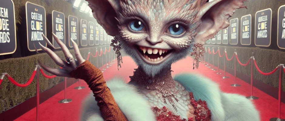 A cheeky Huldra, straight out of Norwegian folklore, striking a pose on a Hollywood red carpet, blending mystic forest vibes with glitzy celebrity glam.