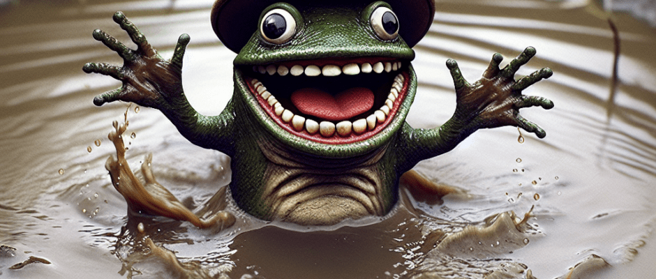 A quirky Nøkken, the ultimate spooky swim coach, cheerfully splashing around in a murky pond, embodying the hilarious blend of fear and fun in nature.