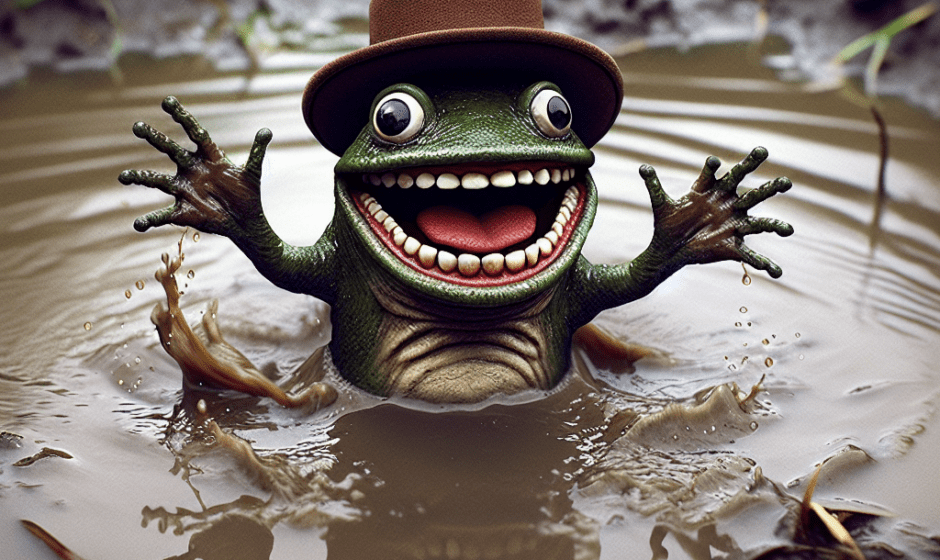 A quirky Nøkken, the ultimate spooky swim coach, cheerfully splashing around in a murky pond, embodying the hilarious blend of fear and fun in nature.