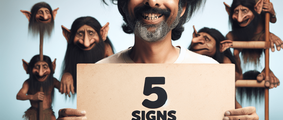 A playful illustration of a person with troll-like features, such as a big nose and wild hair, holding up a sign that reads "5 Signs You Might Be Descended from a Troll" with whimsical, ancient creatures frolicking in the background.