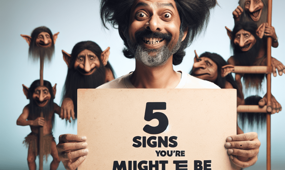 A playful illustration of a person with troll-like features, such as a big nose and wild hair, holding up a sign that reads "5 Signs You Might Be Descended from a Troll" with whimsical, ancient creatures frolicking in the background.