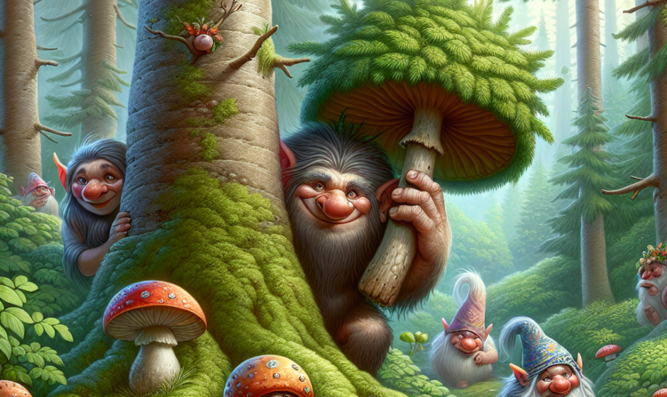 A group of cheeky Norwegian trolls playing hide-and-seek in a lush, mythical forest, with one troll peeking from behind a tree and another hiding under a mushroom, embodying the playful spirit of folklore.