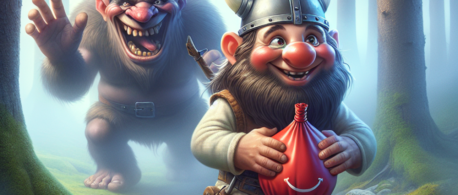 A mischievous troll with a cheeky grin, wearing a horned helmet, sneaks behind a Viking with a whoopee cushion, set against a misty Norwegian forest backdrop.