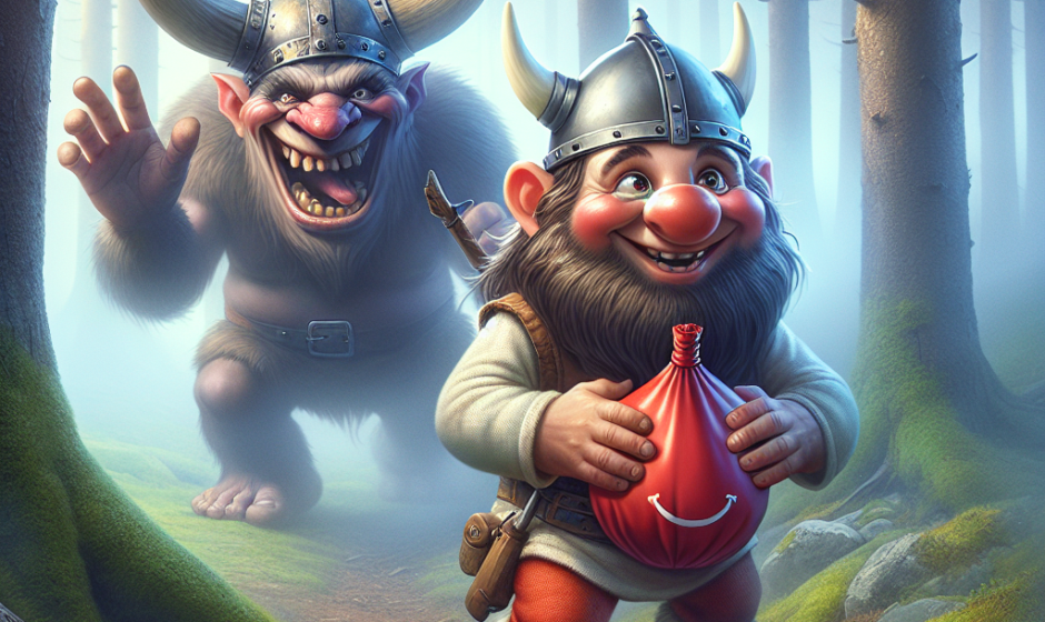 A mischievous troll with a cheeky grin, wearing a horned helmet, sneaks behind a Viking with a whoopee cushion, set against a misty Norwegian forest backdrop.